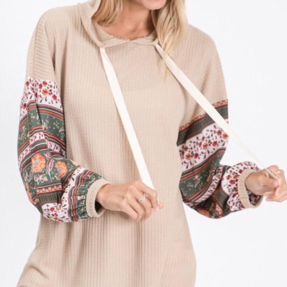 Boho Print Sleeve Thermal Waffle Hoodie Shirt - Picture 3 of 4